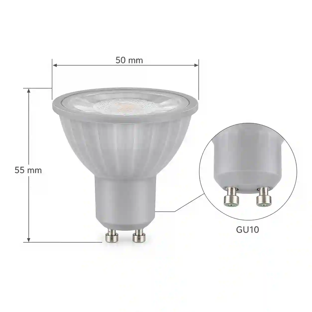 LED žárovka GU10 zezadu s paticí a rozměrovým srovnáním